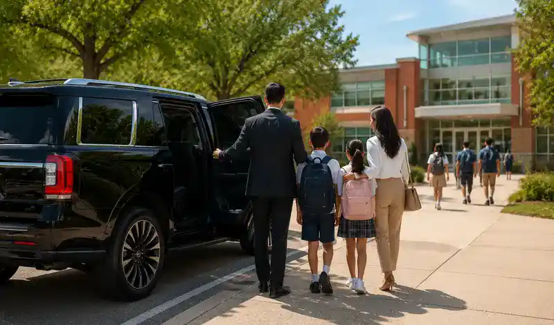 Family arriving at a Houston school in a luxury SUV with safe, reliable student transportation and campus drop-off service.